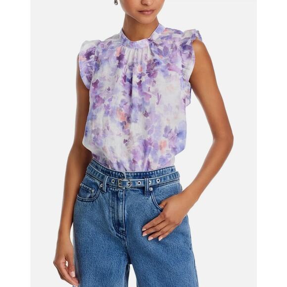 BELLA DAHL TOP WOMENS SIZE LARGE FLORAL LINEN MOCK NECK RUFFLE BLOUSE PURPLE NEW - Picture 1 of 13